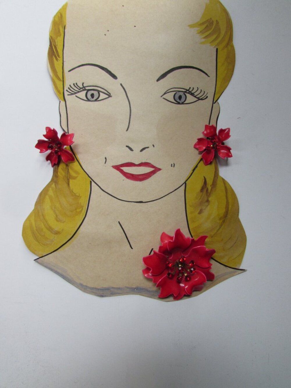 Vintage Holiday Jewelry Red Poinsettia Brooch & Earrings
